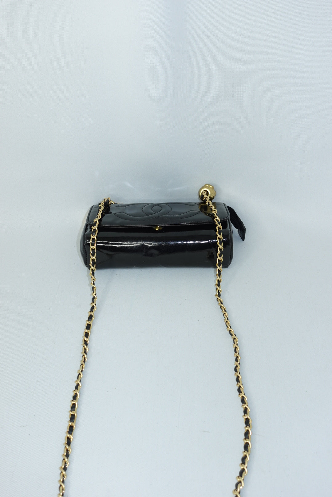 Chanel Re-Worked CC Flap Vintage Black Patent Leather Wallet w/ Chain