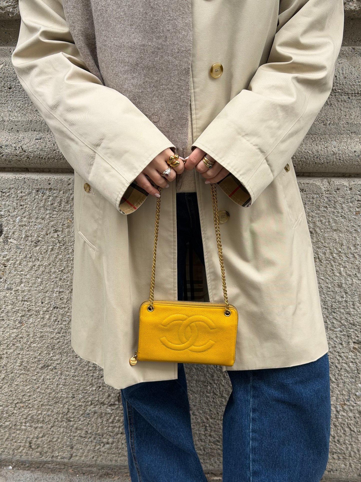 Chanel Vintage Reworked Mustard Zip Wallet with Chain