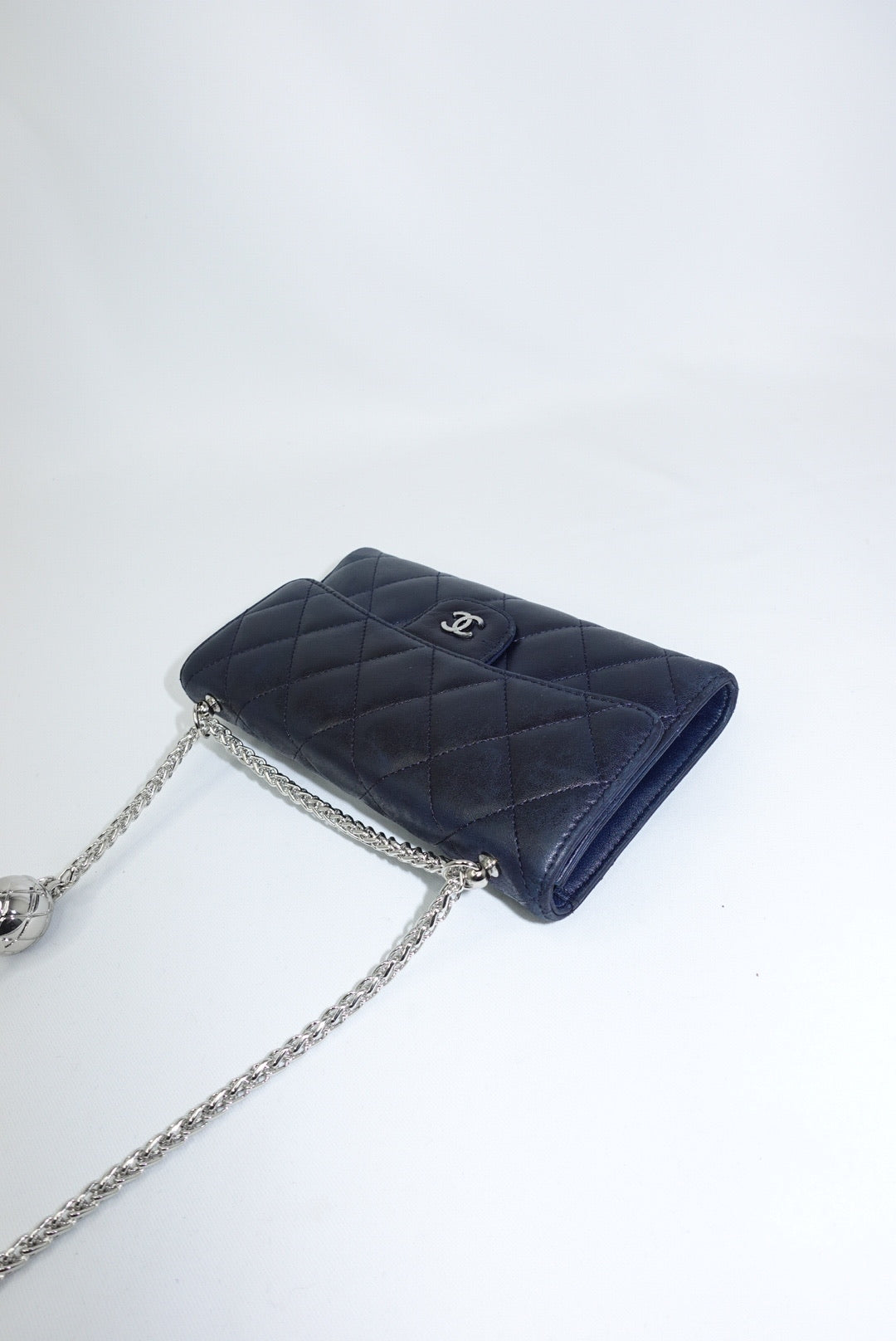 Re-Worked Chanel Timeless Trifold Vintage Navy Wallet with Chain