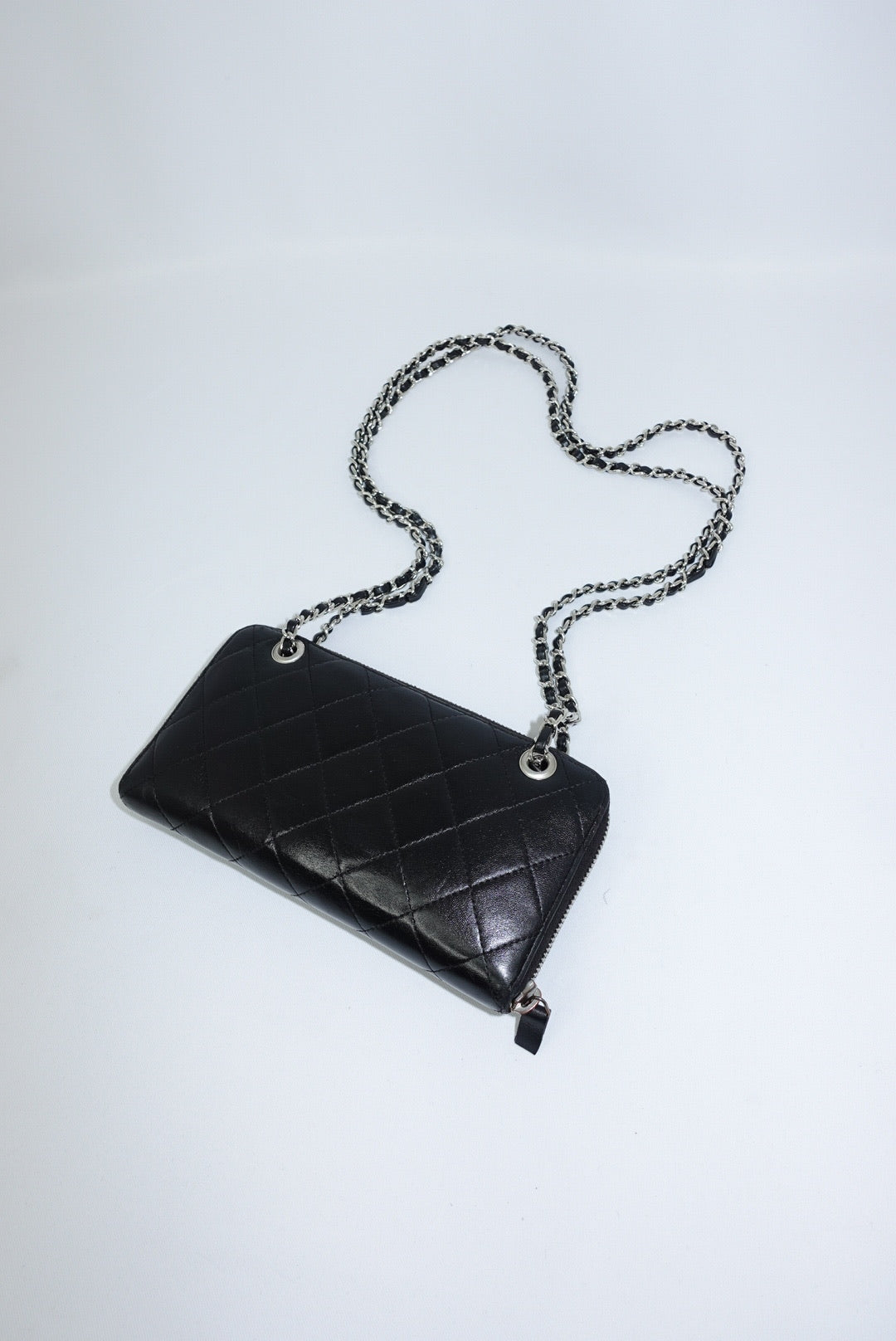 Re-Worked Chanel Timeless Zip Black Vintage Wallet with Chain