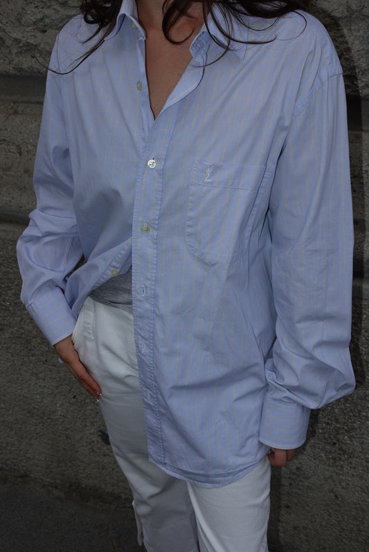 084. Yves Saint Laurent Light Blue Striped Long Sleeve Vintage Shirt