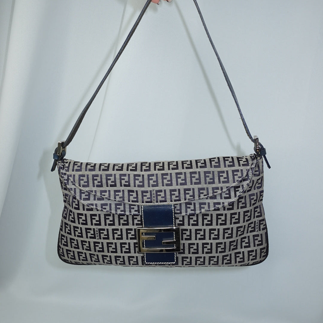 Vintage Fendi navy Zucchini monogram canvas Baguette with navy leather trim