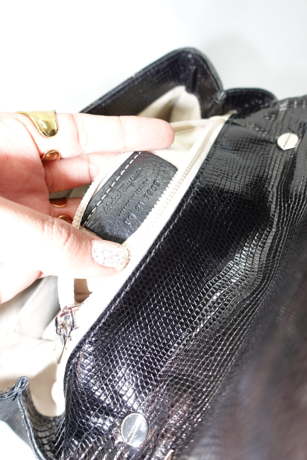 Salvatore Ferragamo Gancio Lock Black Leather Top Handle Bag Silver Hardware