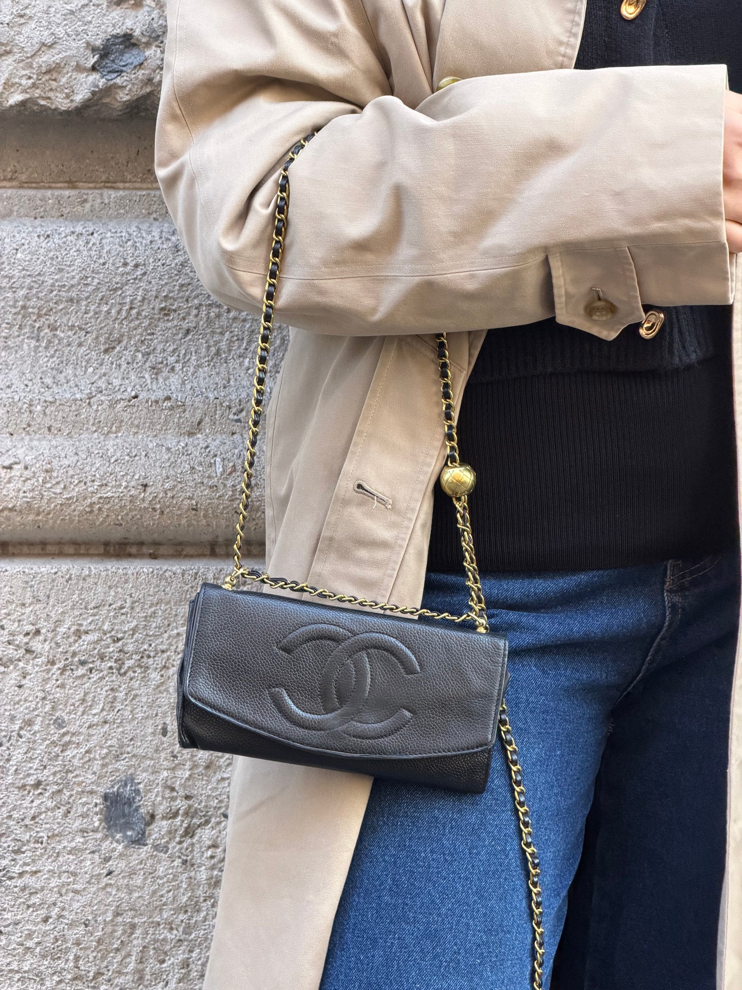 Chanel Re-Worked Vintage Long Flap Wallet With Chain Black Caviar CC logo