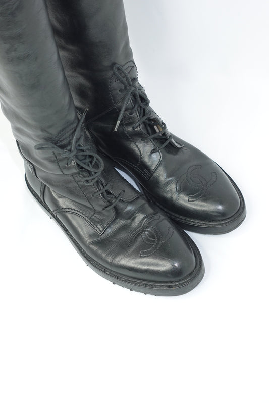 Chanel Vintage Black Leather Thigh-High Boots with Embroidered CC Interlocking Logo
