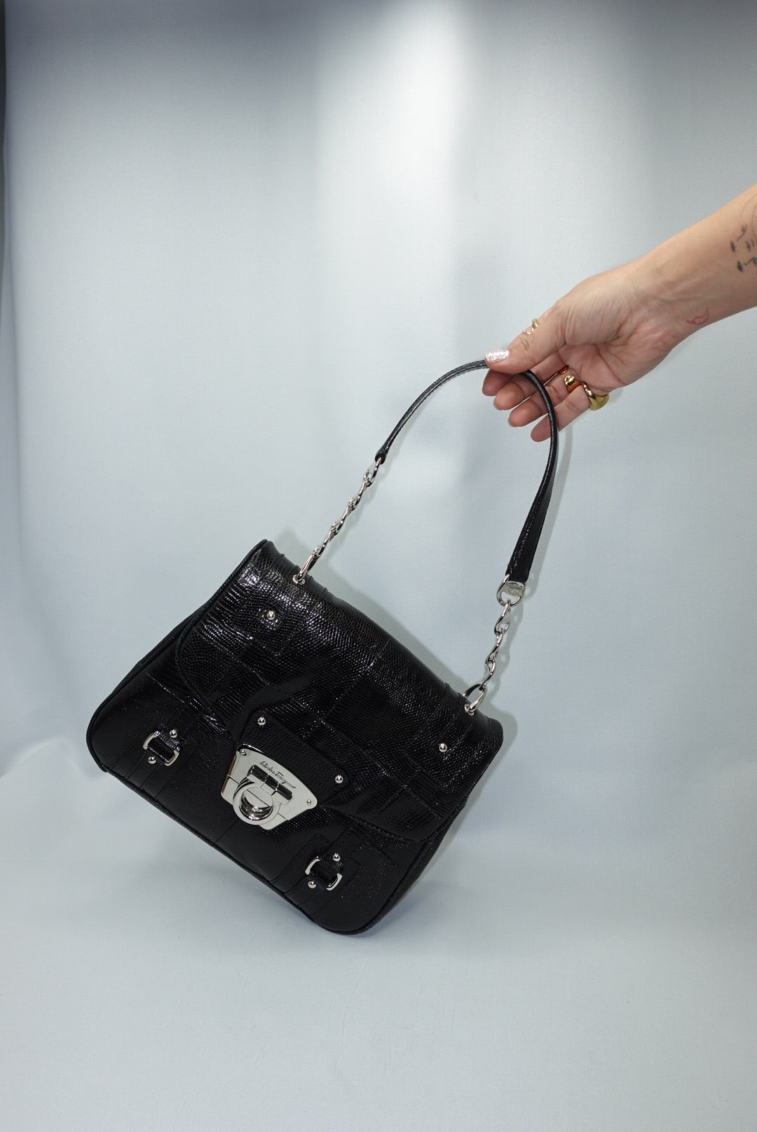 Salvatore Ferragamo Gancio Lock Black Leather Top Handle Bag Silver Hardware