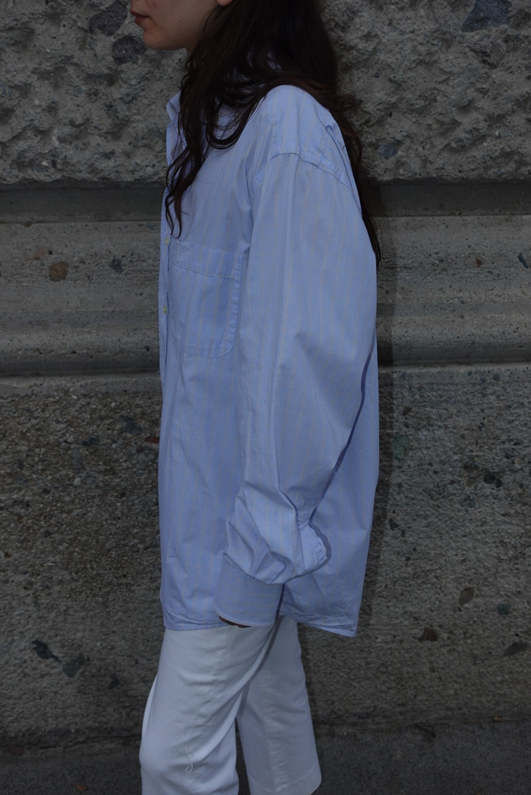 084. Yves Saint Laurent Light Blue Striped Long Sleeve Vintage Shirt
