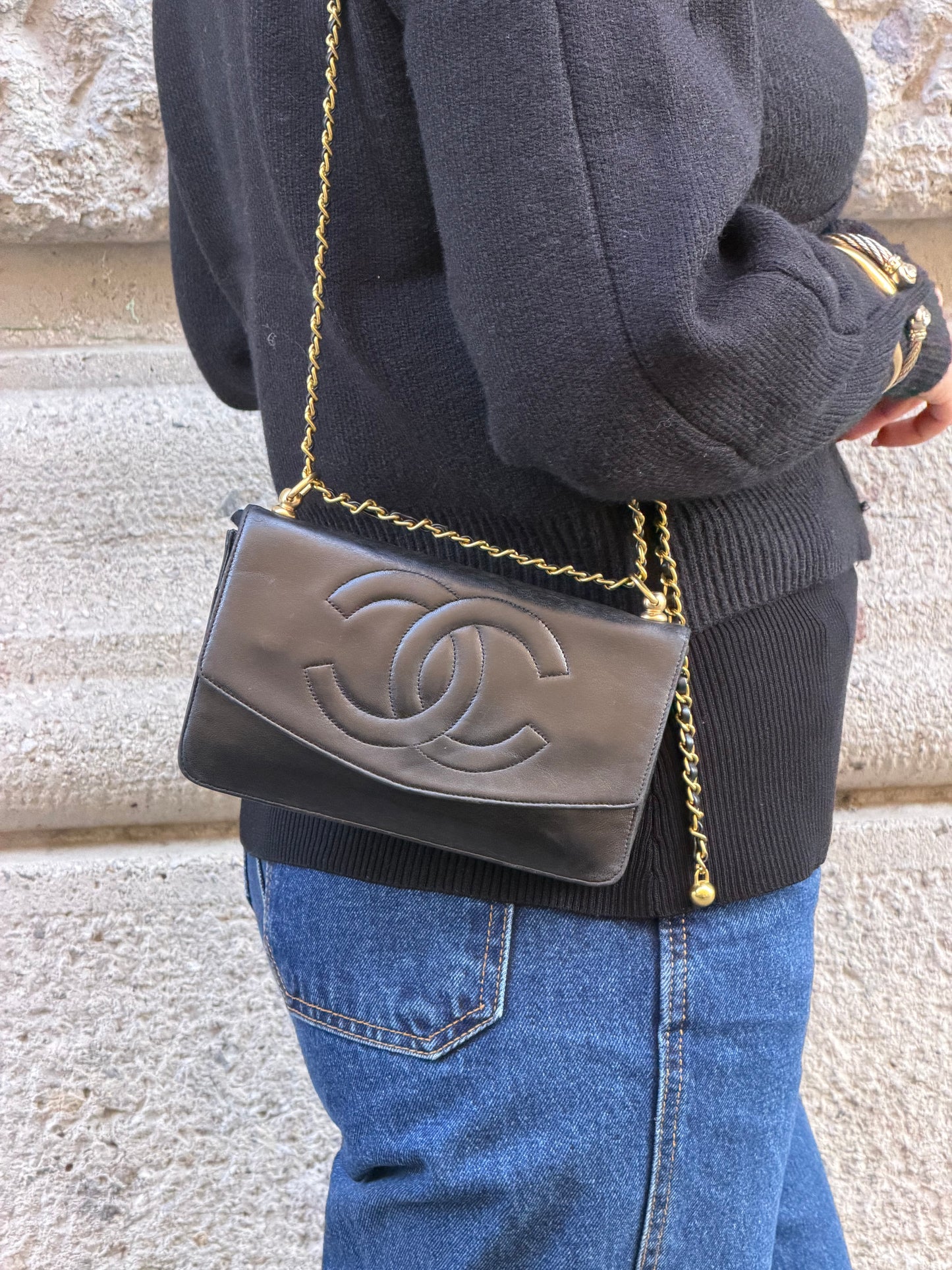 Chanel Re-Worked Vintage Flap Wallet With Chain Black Lambskin CC logo