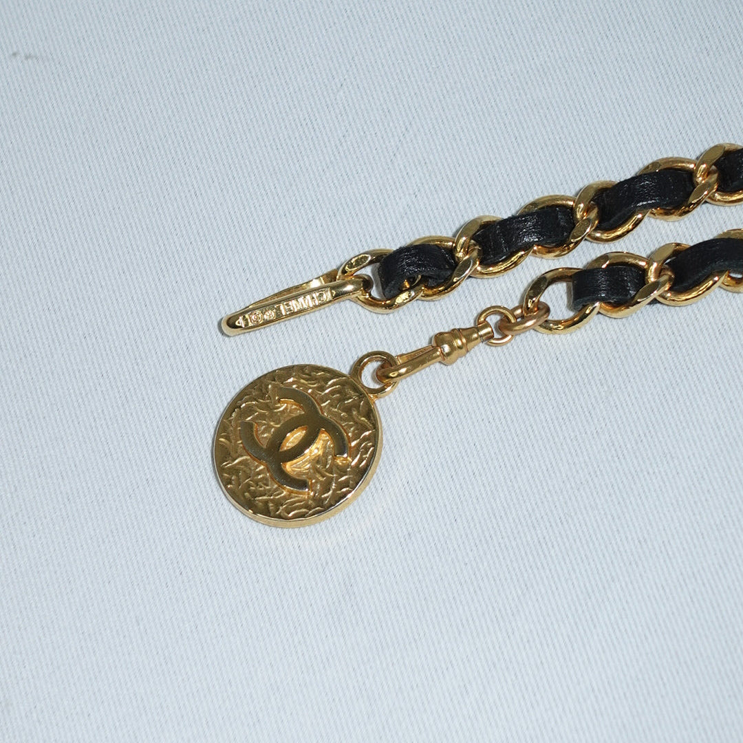 Authentic Chanel vintage gold plated chain belt black leather