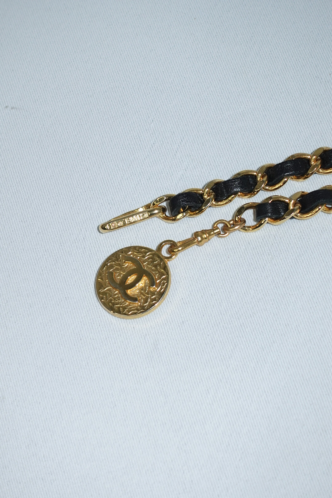 Authentic Chanel vintage gold plated chain belt black leather