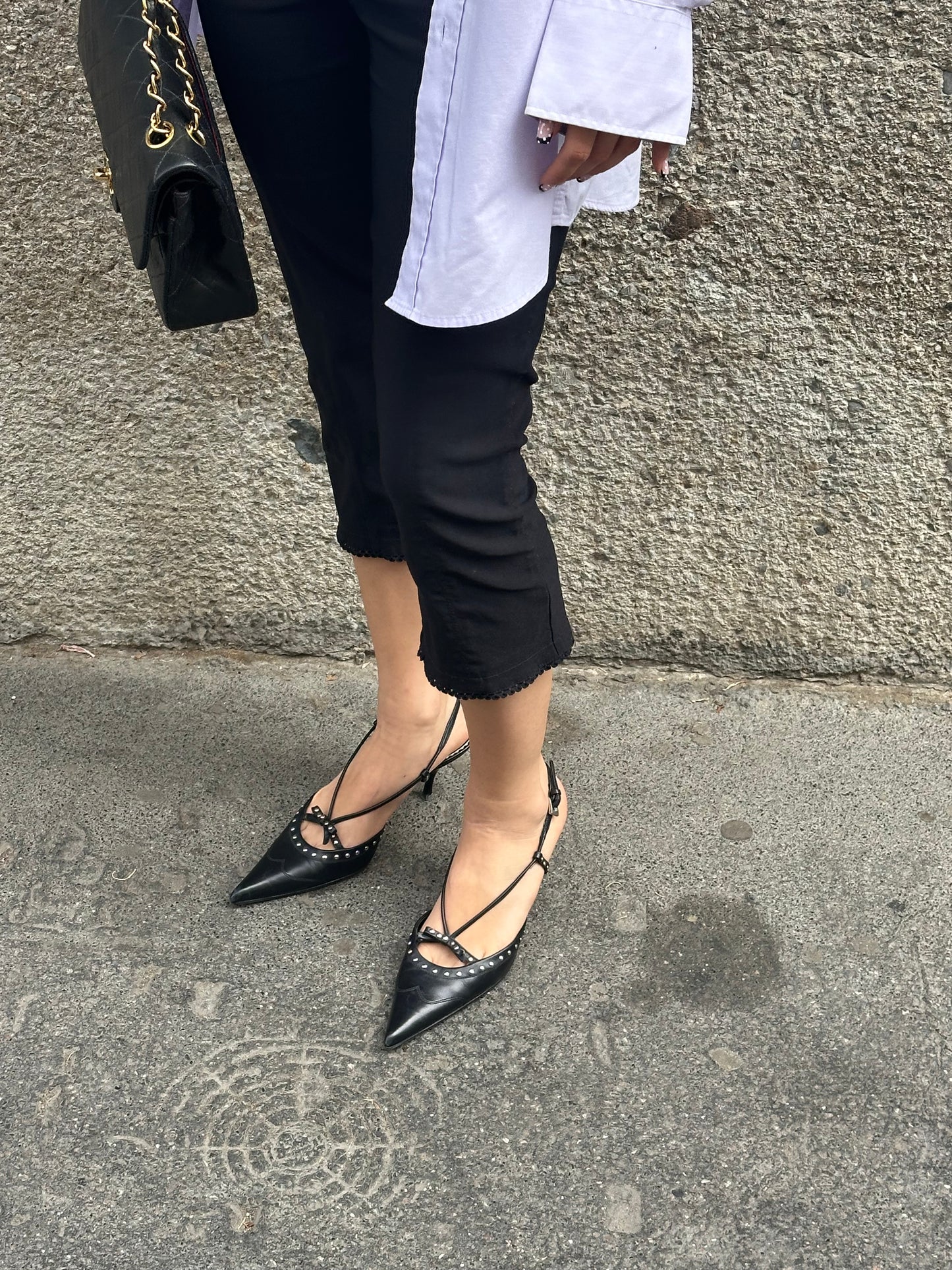 202. Prada Studded Black  Pointed Toe Heels 36