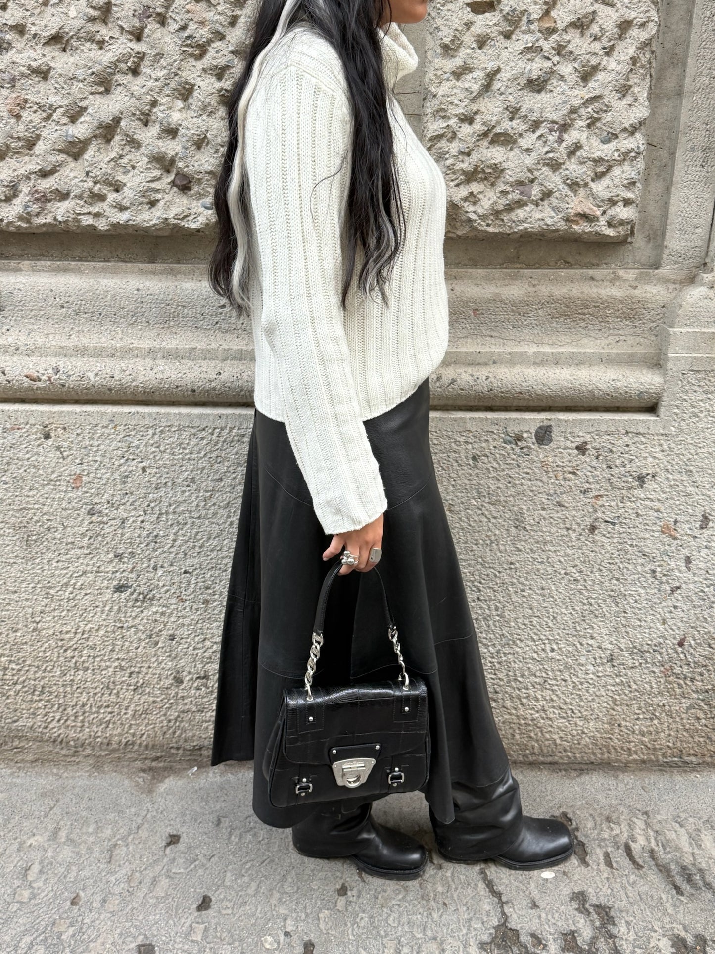 Salvatore Ferragamo Gancio Lock Black Leather Top Handle Bag Silver Hardware