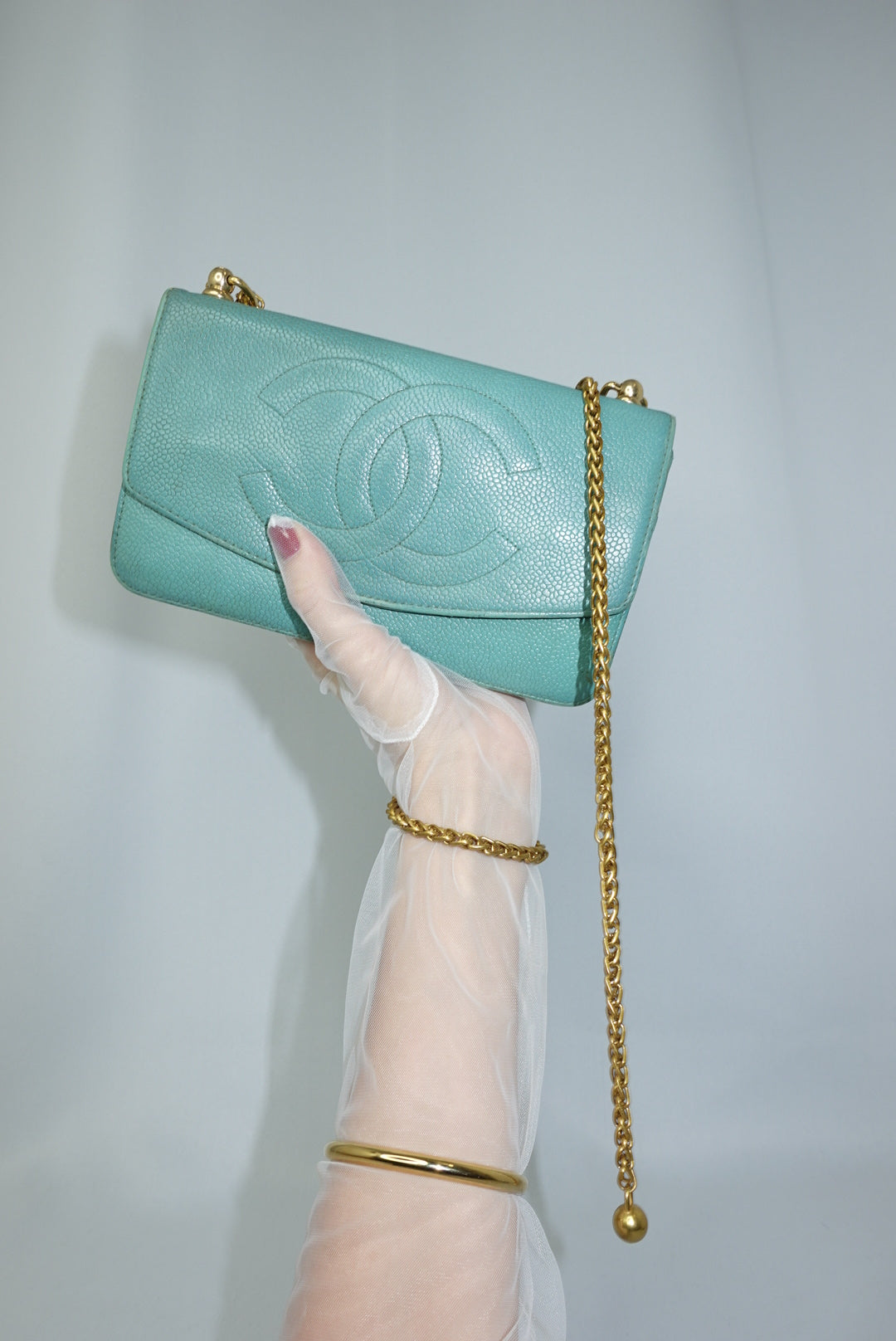 Chanel Re-Worked Flap Vintage Wallet With Chain in Teal Caviar Calfskin Gold Hardware