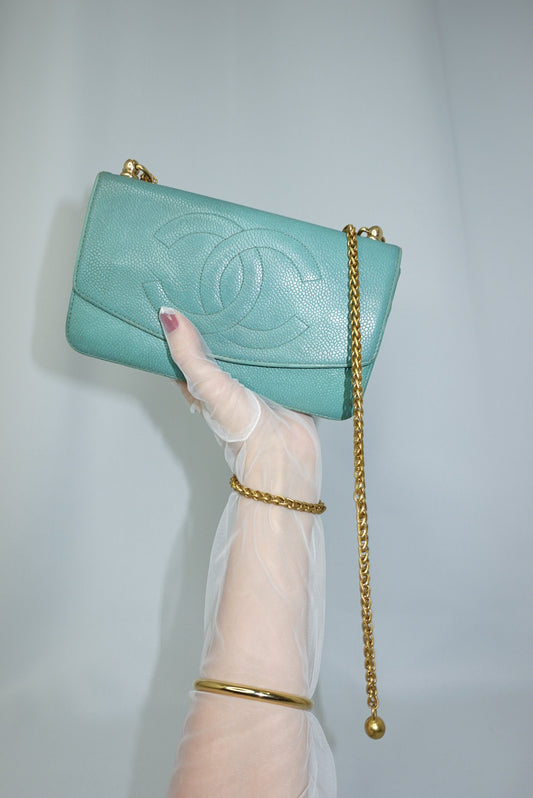 Chanel Re-Worked Flap Vintage Wallet With Chain in Teal Caviar Calfskin Gold Hardware