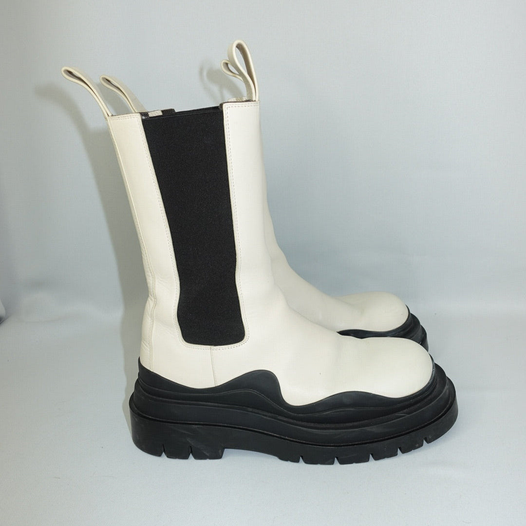 Bottega Veneta Tire Lug Chelsea Boots in Sea Salt and Black with Chunky Sole