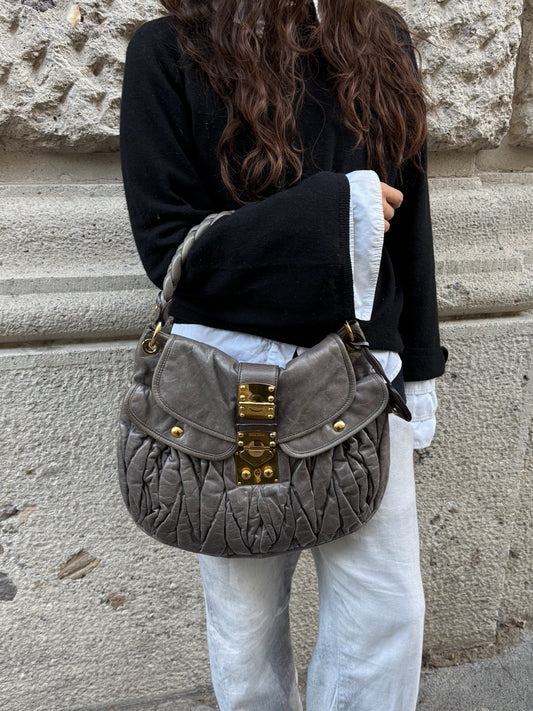 Miu Miu Vintage Gray Matelassé Coffer Shoulder Bag