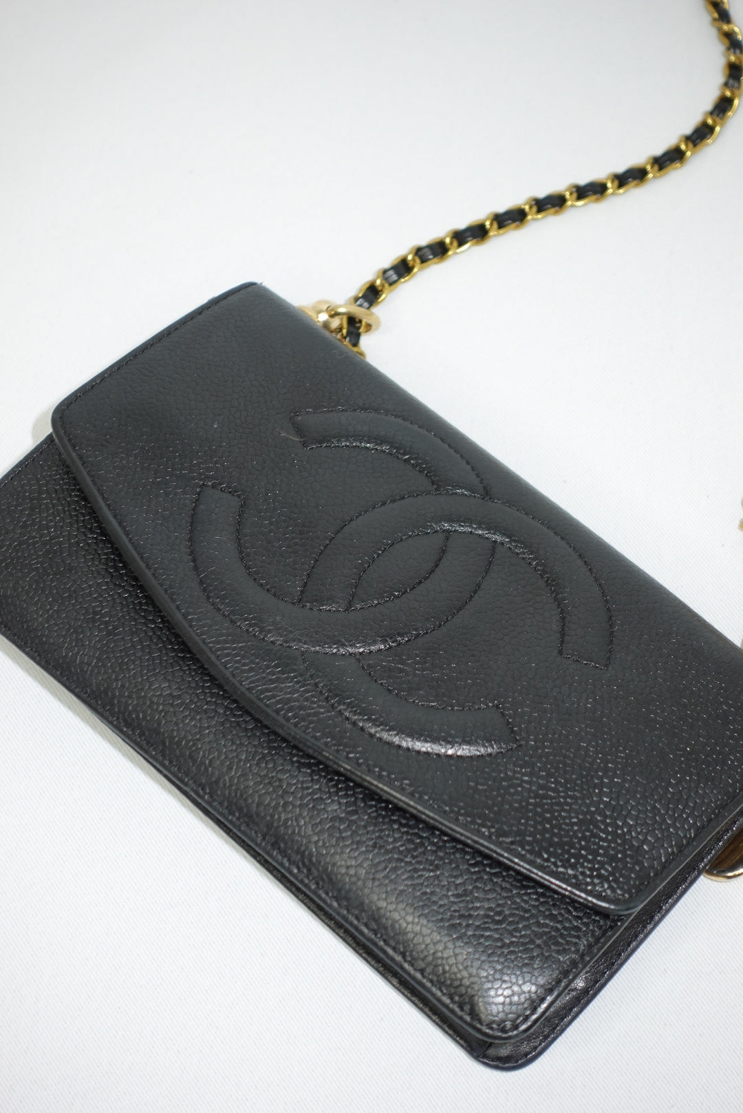 Chanel Re-Worked Vintage Flap Wallet With Chain Black Caviar CC logo