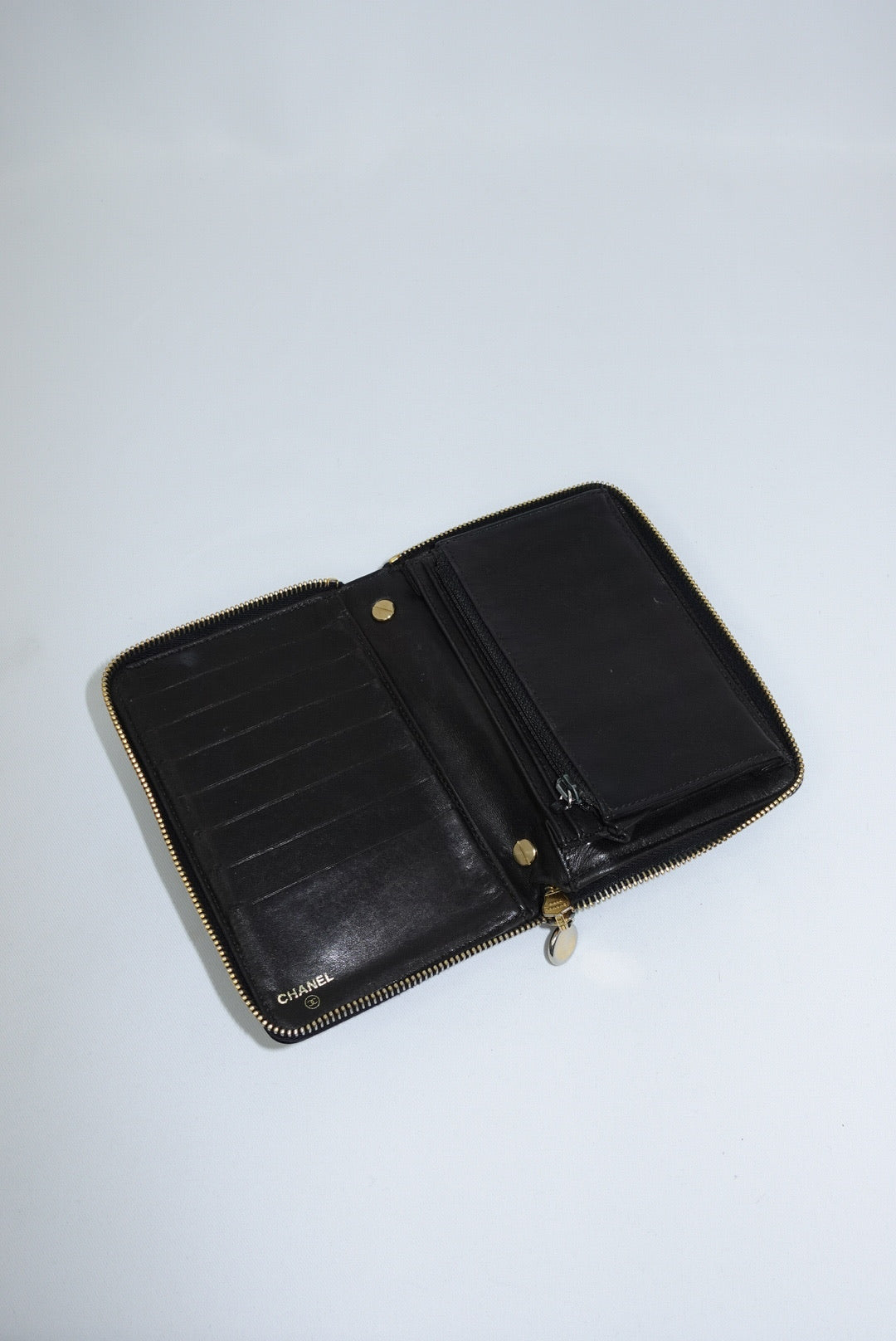 Re-Worked Chanel Black Zip CC Logo Small Vintage Wallet with Chain