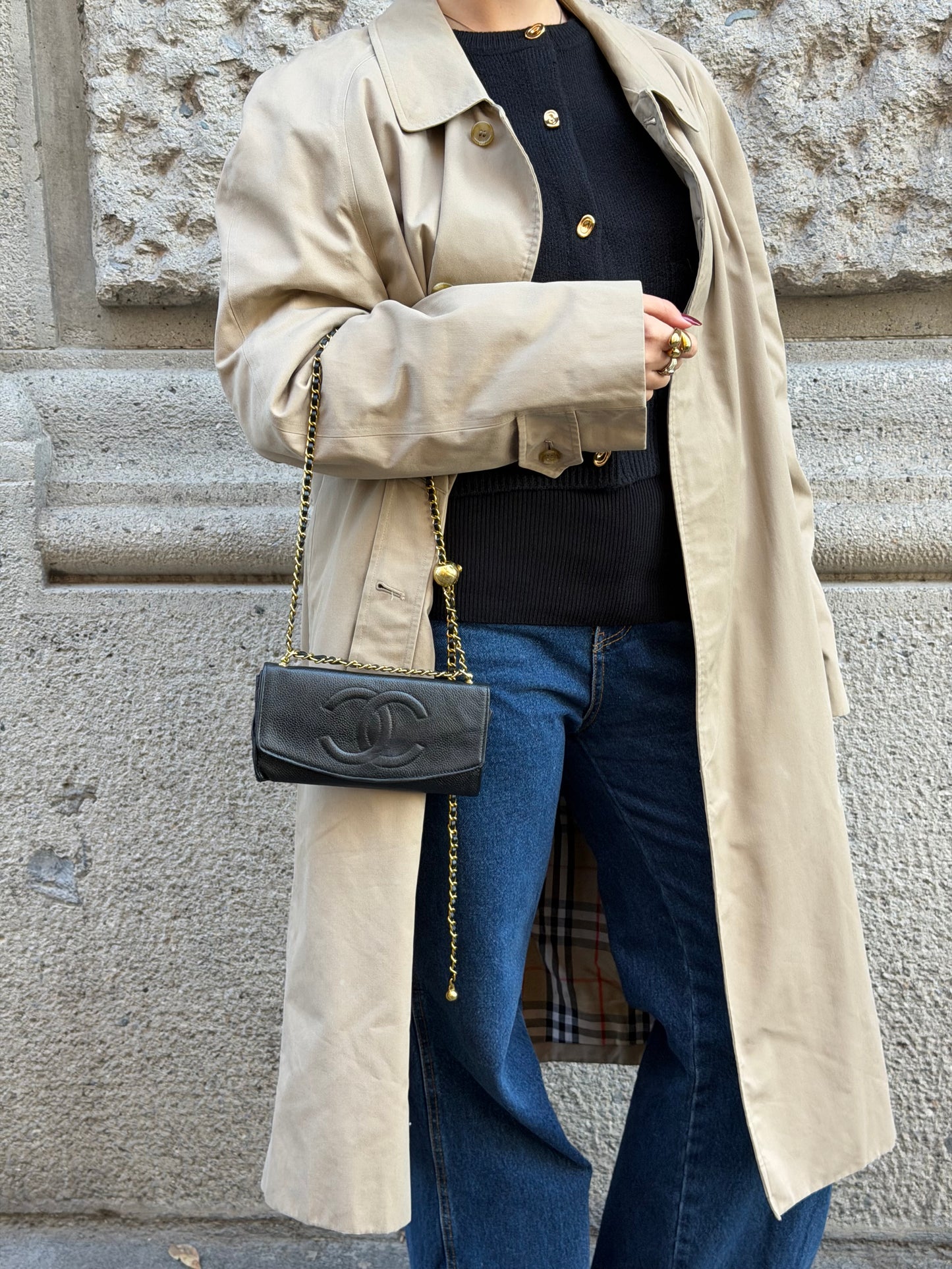 Chanel Re-Worked Vintage Long Flap Wallet With Chain Black Caviar CC logo