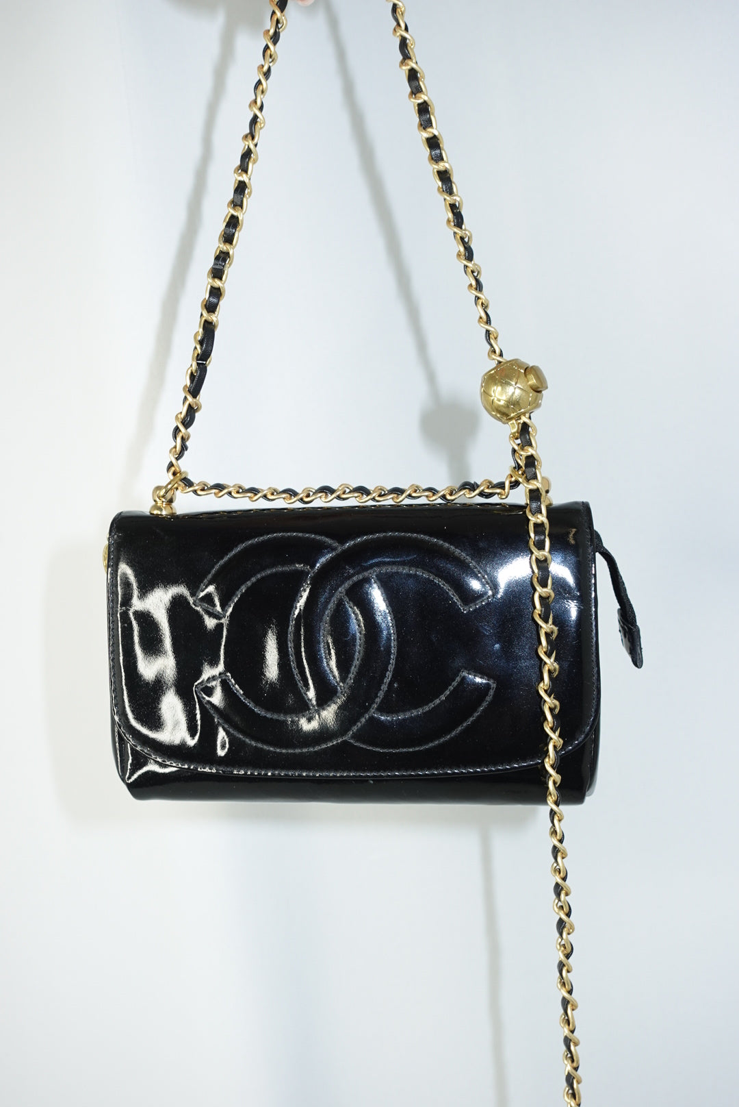 Chanel Re-Worked CC Flap Vintage Black Patent Leather Wallet w/ Chain