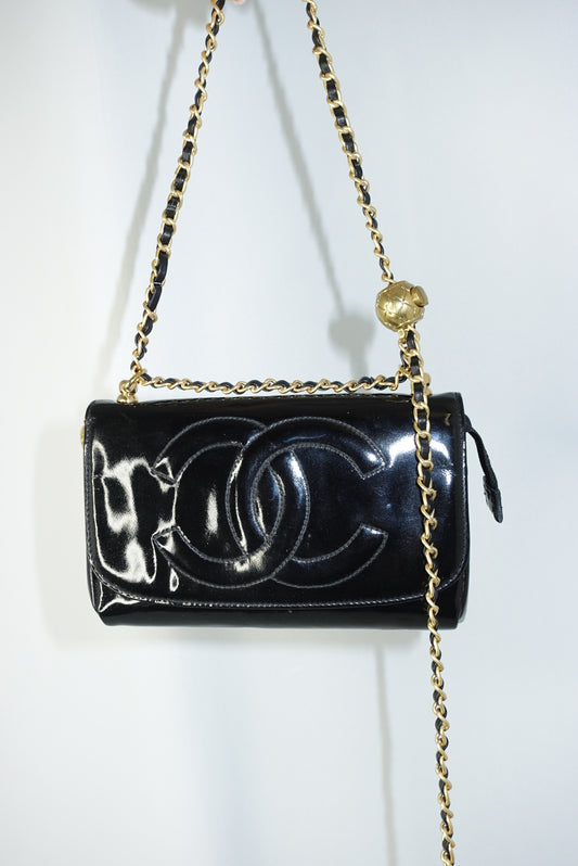 Chanel Re-Worked CC Flap Vintage Black Patent Leather Wallet w/ Chain