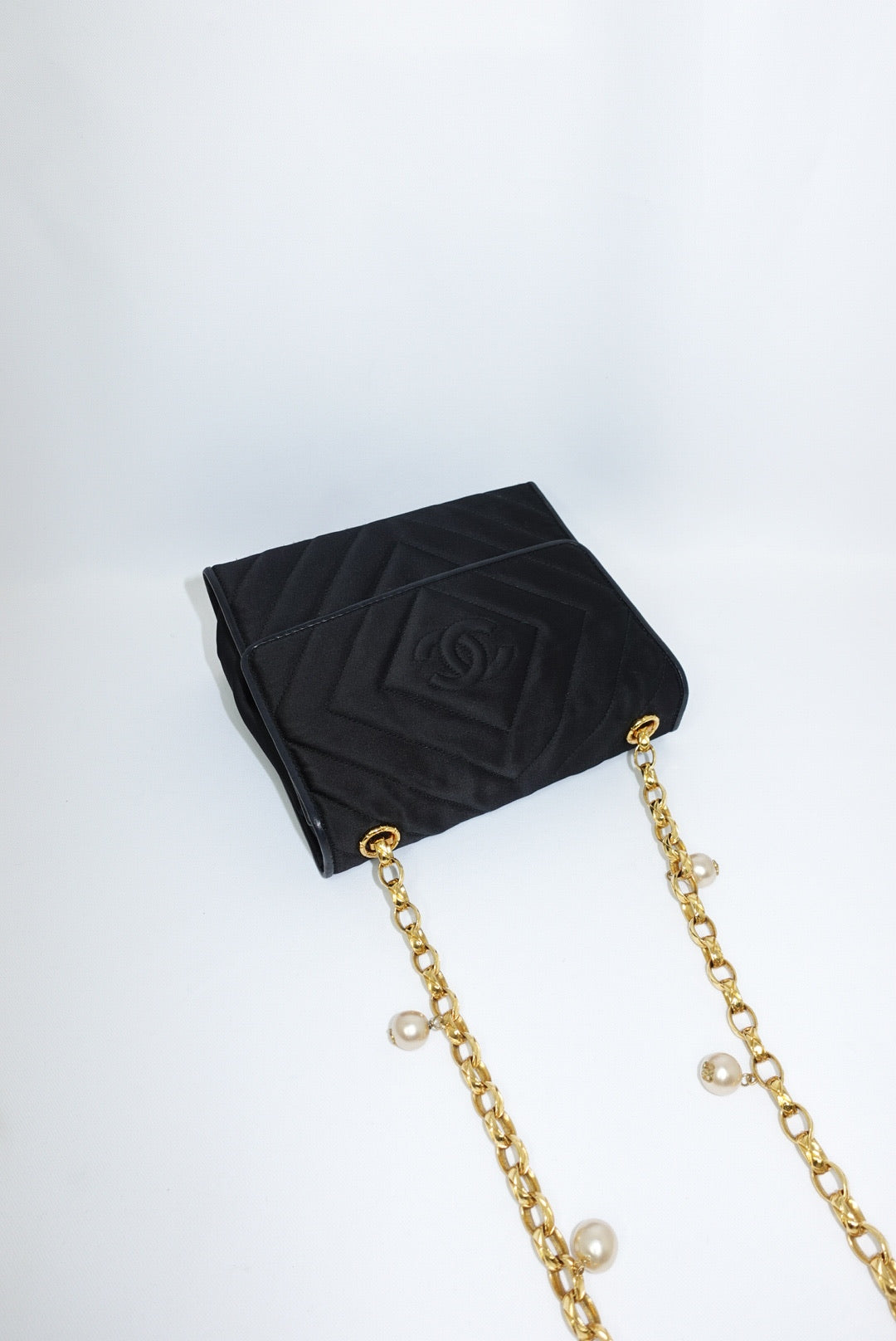 Chanel Vintage Satin Pearl Chain Embroidered CC Logo Bag
