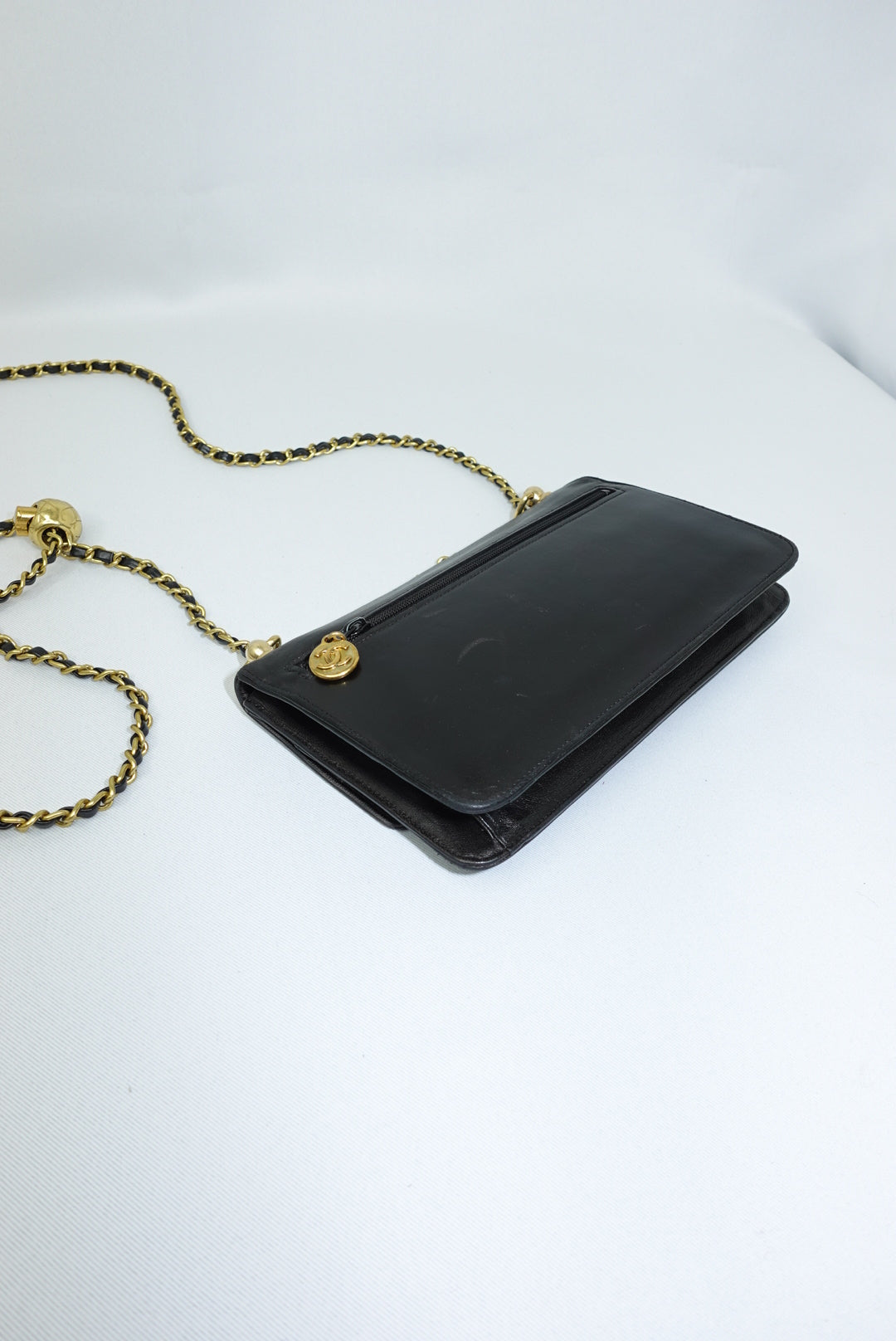 Chanel Re-Worked Vintage Flap Wallet With Chain Black Lambskin CC logo