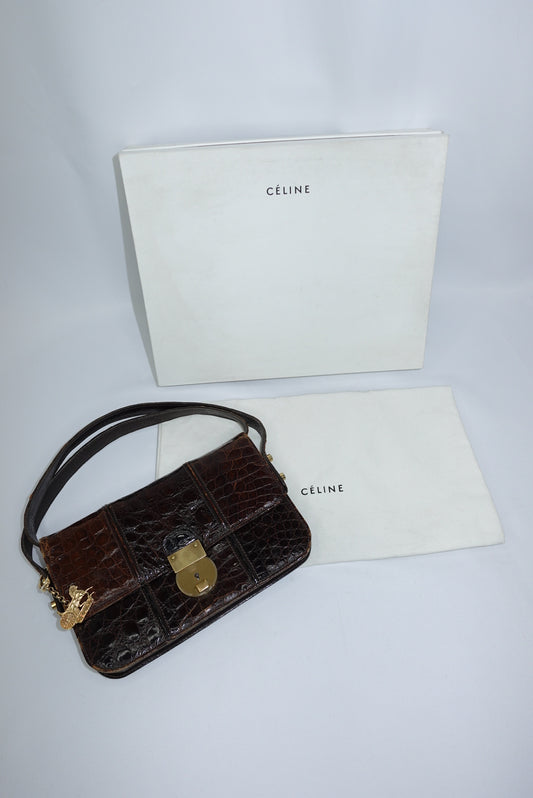 Cèline Vintage Crocodile Brown Leather Crossbody Bag