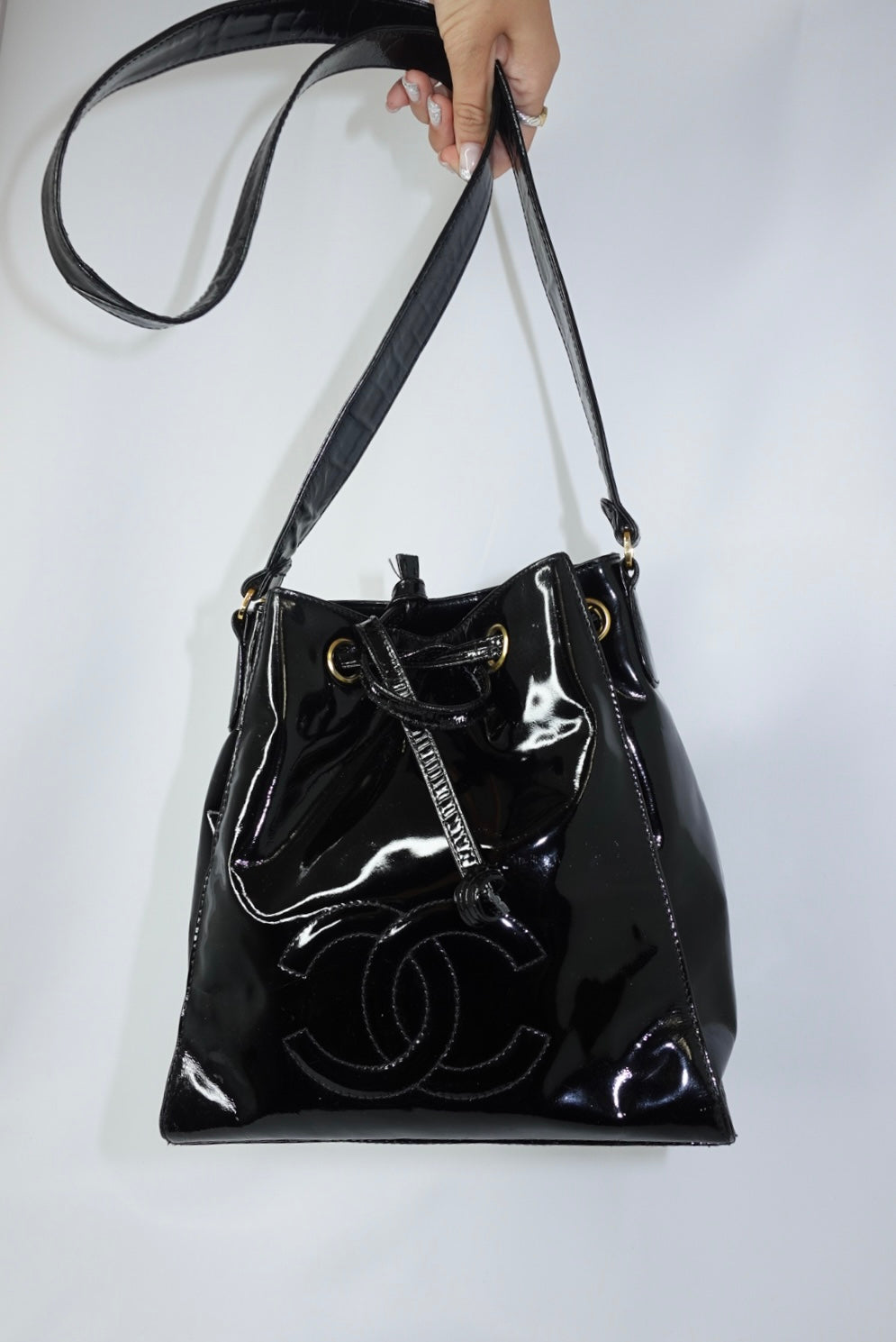 Chanel Vintage Black Patent Bucket Shoulder Bag