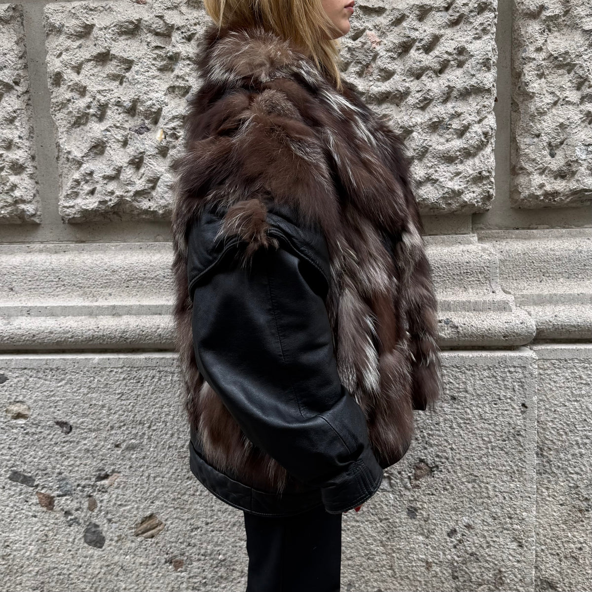 Vintage Fox Fur & Black Leather Bomber
