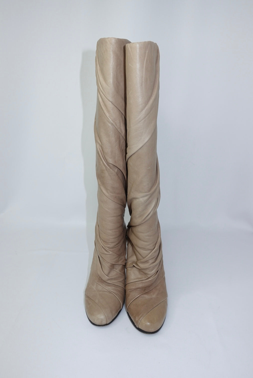 Margiela Draped  Knee-High Round Toe Beige Leather Boots