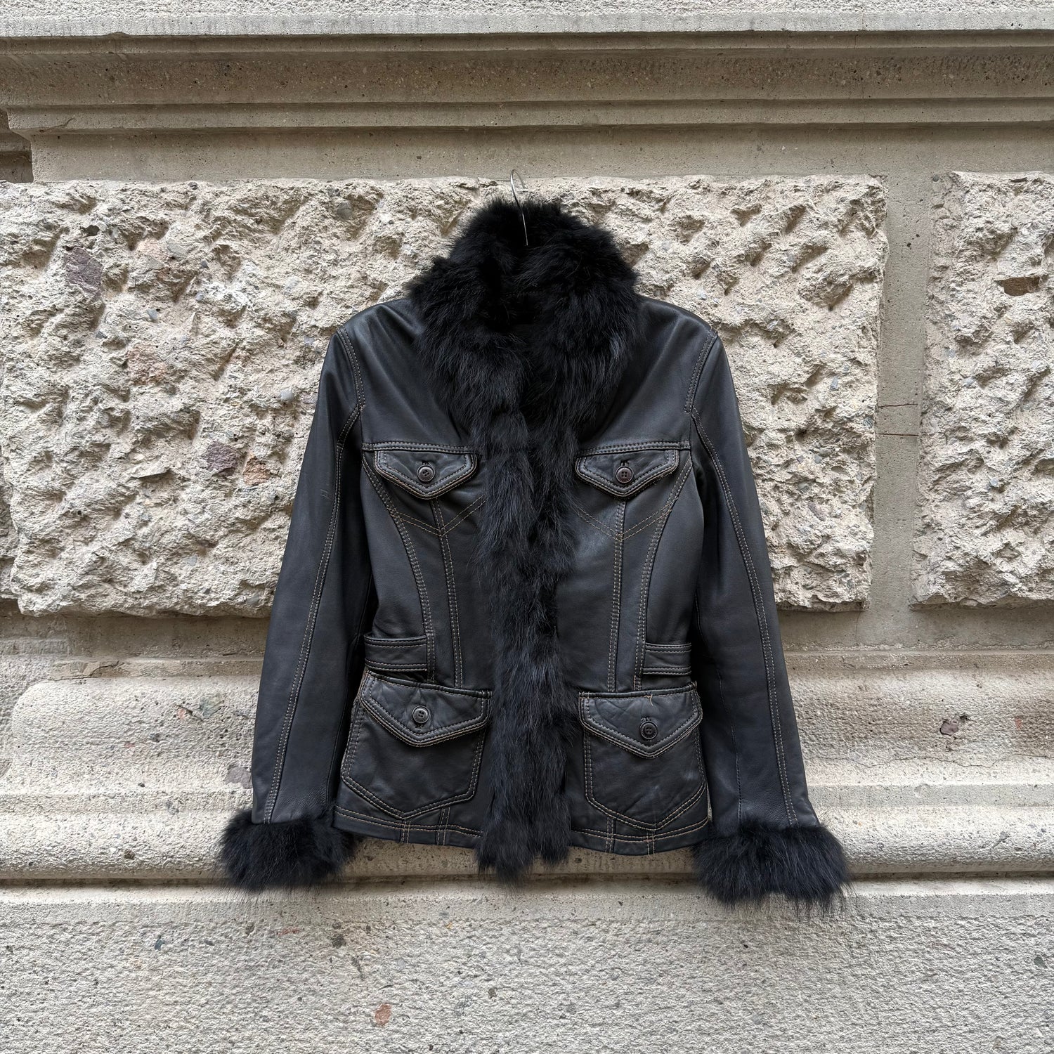Black Leather and Fur Jacket with Belt