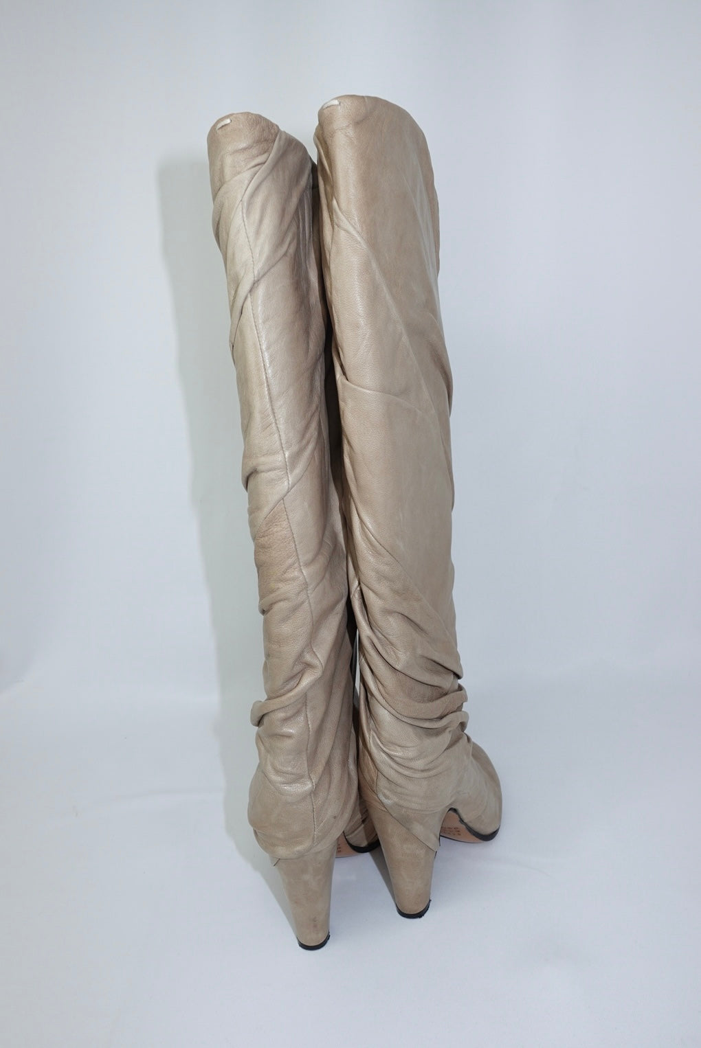 Margiela Draped  Knee-High Round Toe Beige Leather Boots