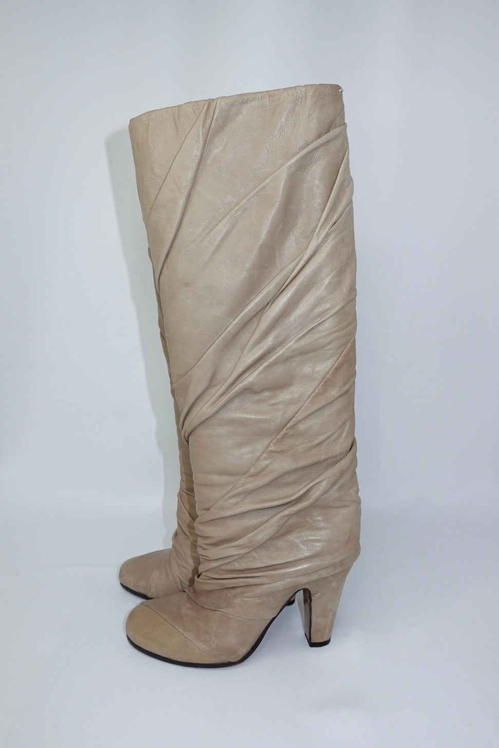 Margiela Draped  Knee-High Round Toe Beige Leather Boots