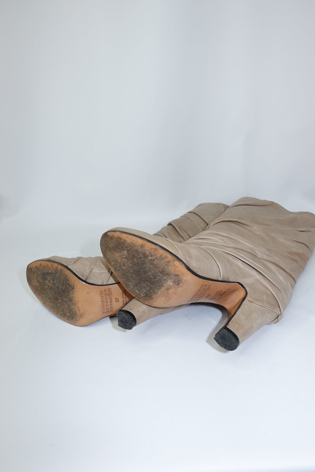Margiela Draped  Knee-High Round Toe Beige Leather Boots