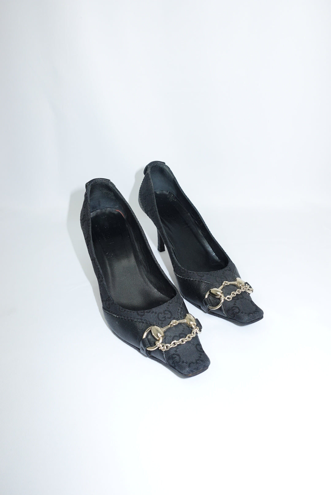 Gucci Black Monogram Canvas Horsebit Heels Gucci Black Monogram Canvas Horsebit Heels 37C