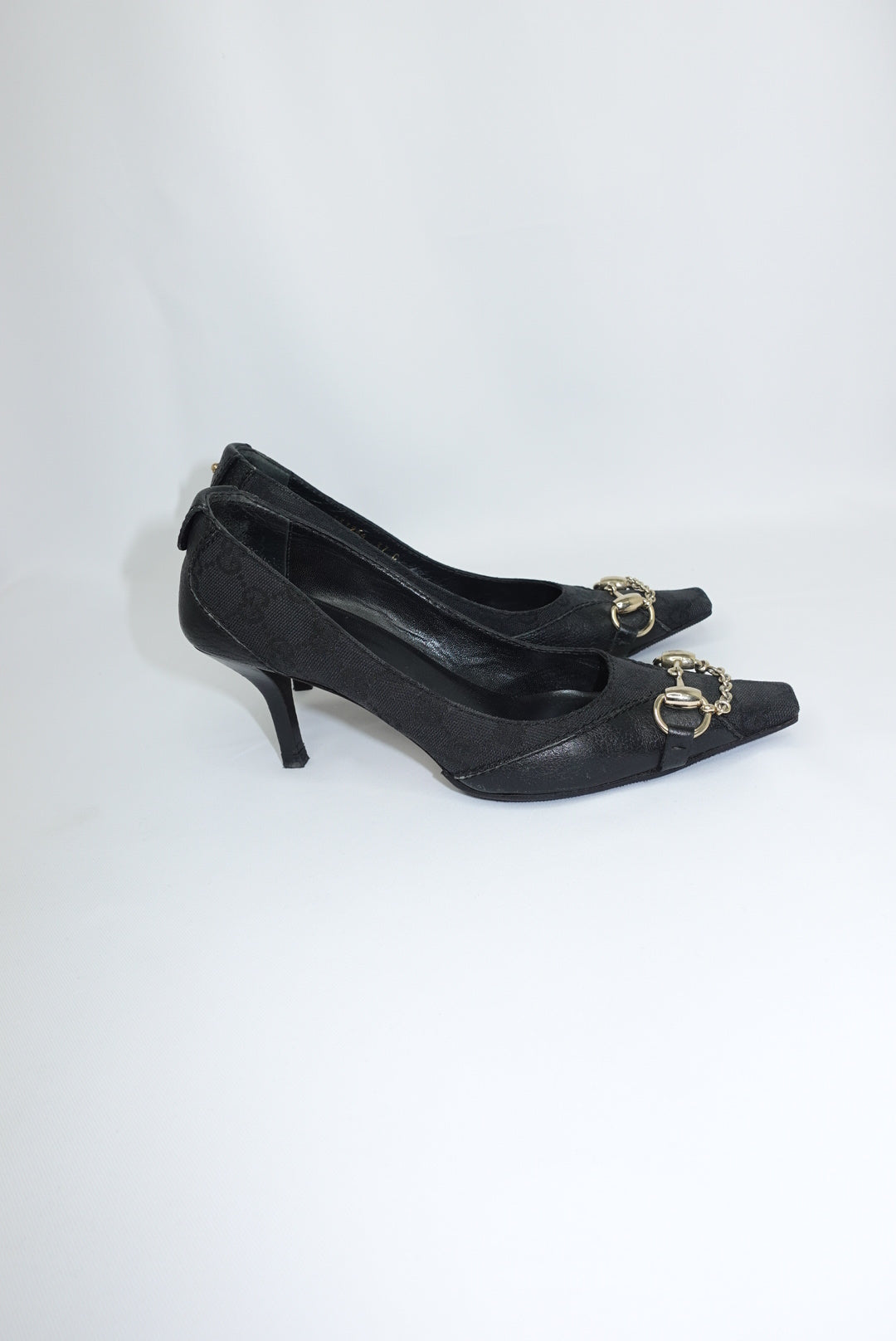Gucci Black Monogram Canvas Horsebit Heels Gucci Black Monogram Canvas Horsebit Heels 37C