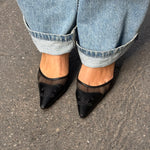 My Vintage Attire Chanel black leather and mesh slingback heels with pointed toe and embossed CC logo.