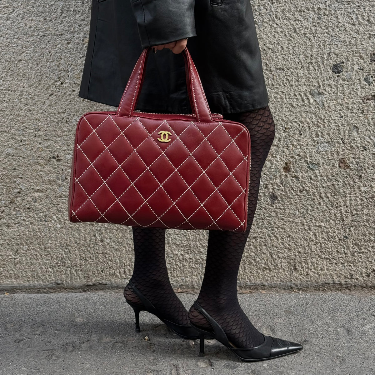 Chanel Red Surpique Bowler Bag