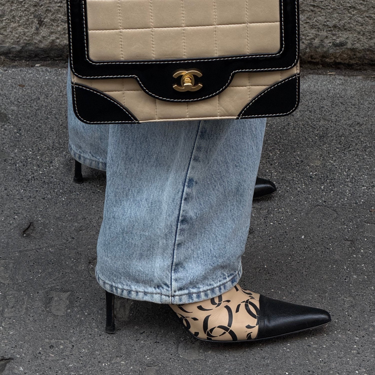 Chanel Vintage Beige & Black CC Logo Heeled Ankle Boots