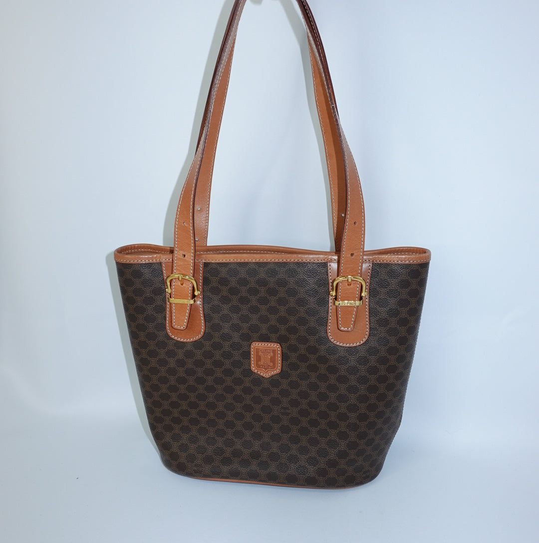     Celine Brown Macadam Tote Bag front view featuring signature Macadam monogram