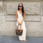     Celine Brown Macadam Tote Bag worn front view showing size and fit