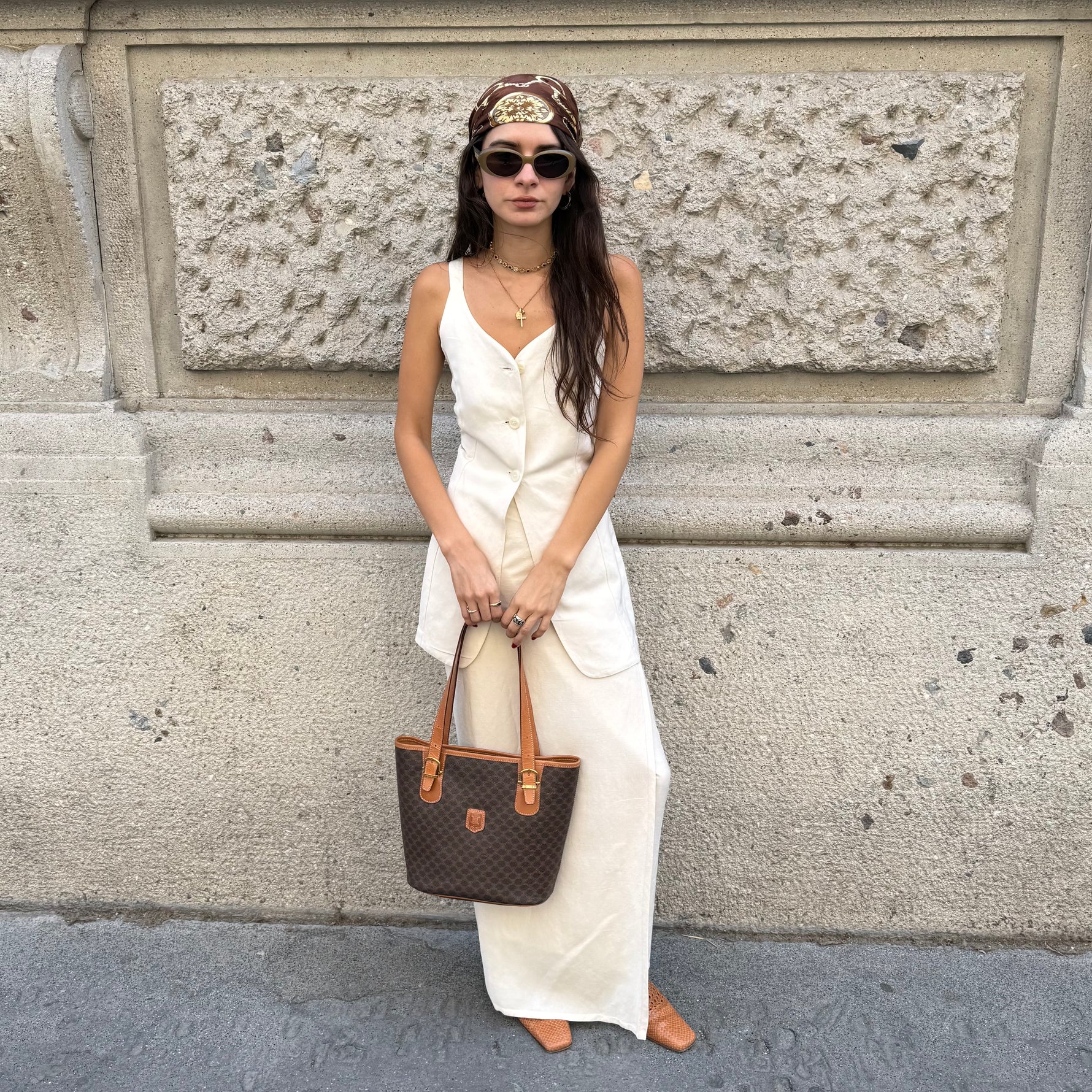     Celine Brown Macadam Tote Bag worn front view showing size and fit