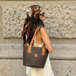  Celine Brown Macadam Tote Bag worn side view showing shape and handles