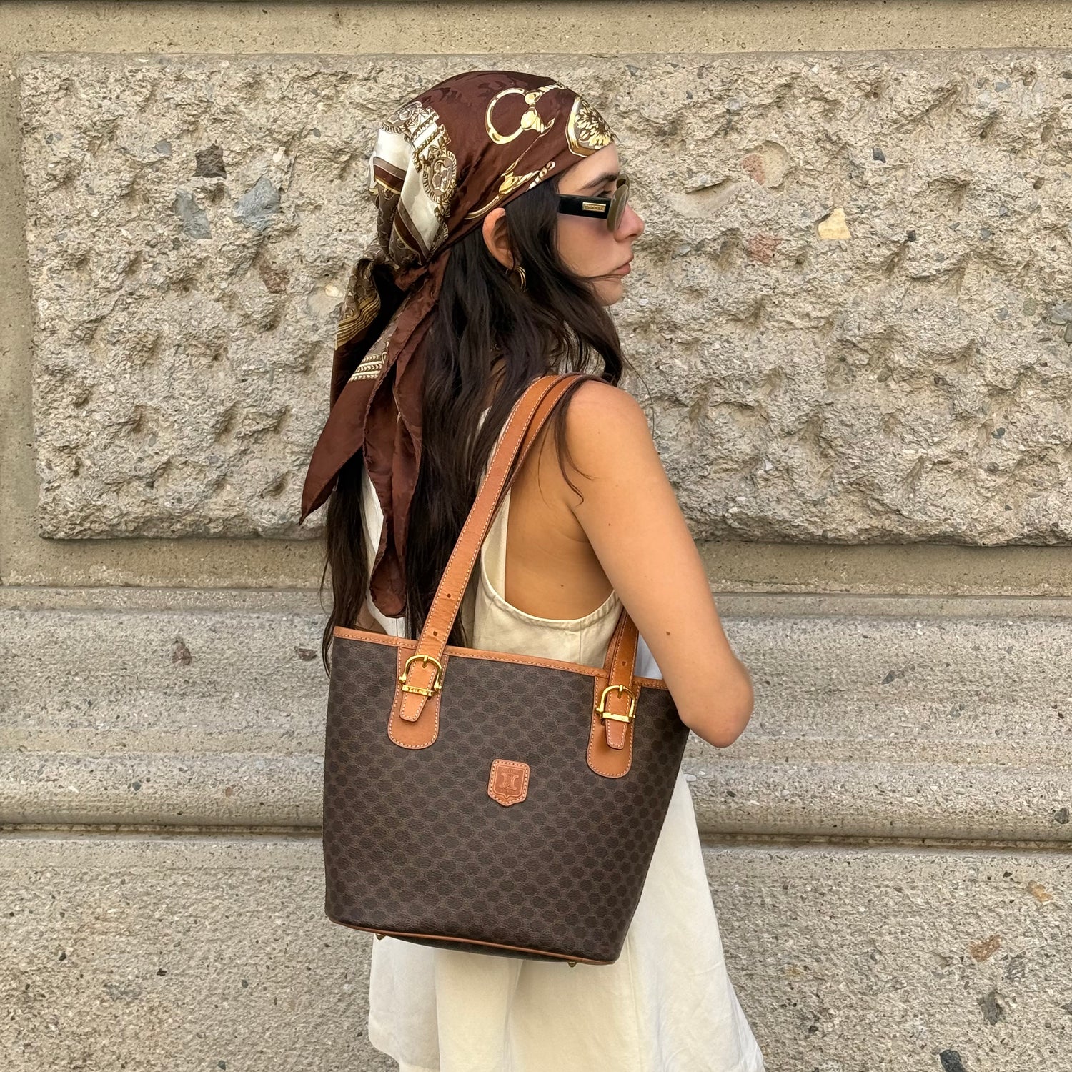  Celine Brown Macadam Tote Bag worn side view showing shape and handles