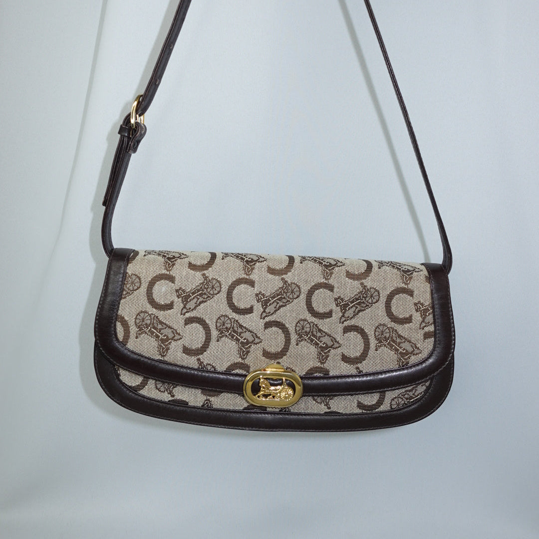 Vintage Céline brown monogram canvas shoulder bag with dark brown leather trim