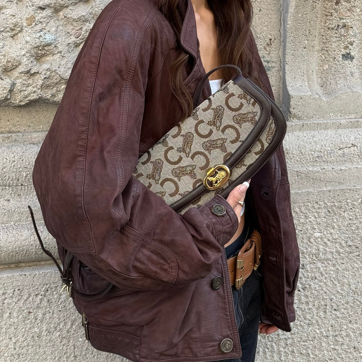 celine vintage monogram shoulder bag brown leather