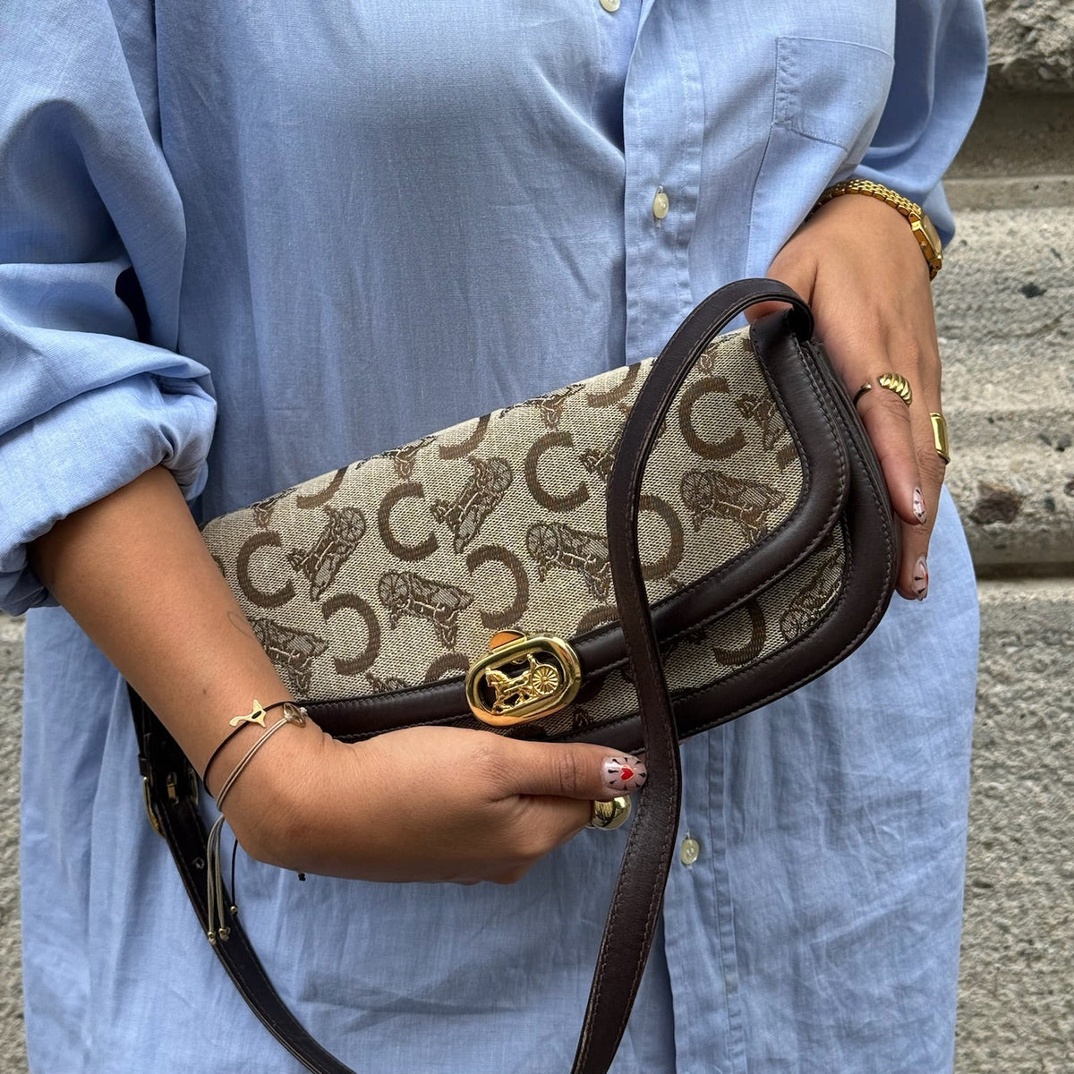 Vintage Céline brown and beige monogram canvas bag with gold hardware