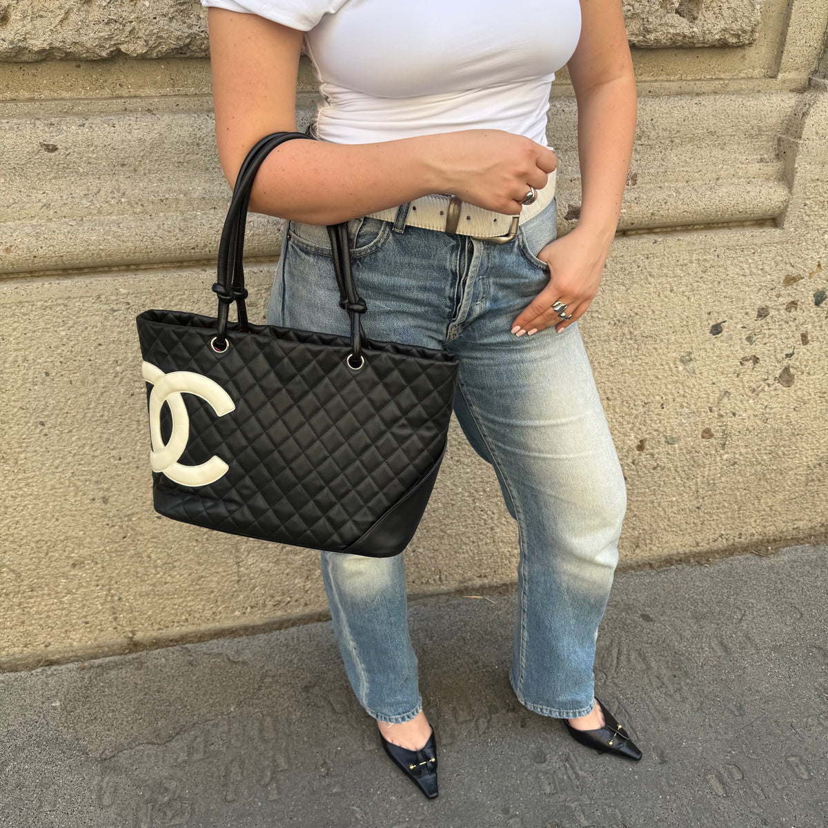     Chanel Cambon Tote Bag worn front view showing size and fit