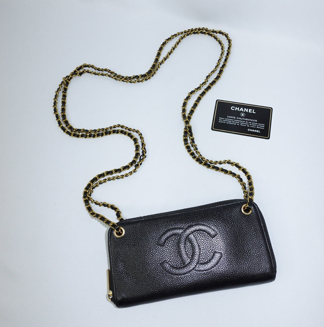 Chanel black caviar CC logo zip wallet on chain with authenticity card